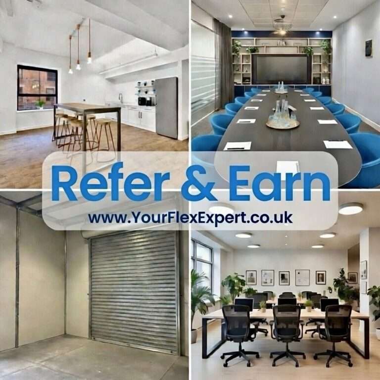 refer and earn image showing collage of office and light industrial space with Refer & Earn written across in bold type